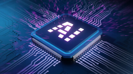 Poster - close-up of a microchip on a circuit board, glowing with purple light, showcasing technological adva