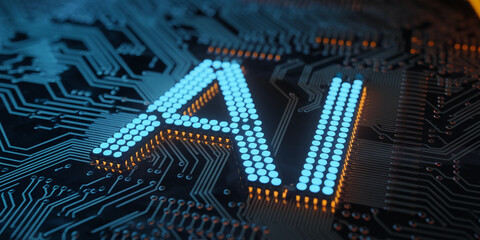 Poster - AI lettering formed by glowing blue dots on a circuit board, representing artificial intelligence technology and digital innovation