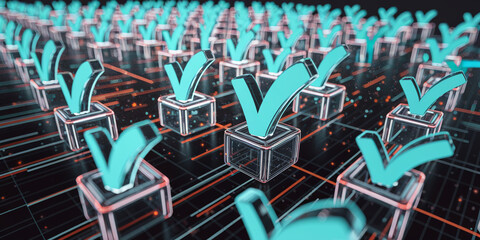 Poster - Numerous teal checkmarks atop glass cubes arranged on a dark grid, showcasing approval, completion, or successful data processing