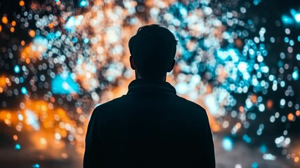 Wall Mural - a man is standing in front of a screen with a blurry background. the man is looking at the screen wi
