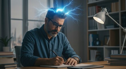 Fototapete - Man writing at desk with inspiration
