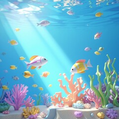 Naklejka na meble Underwater scene with colorful fish and coral in clear blue water