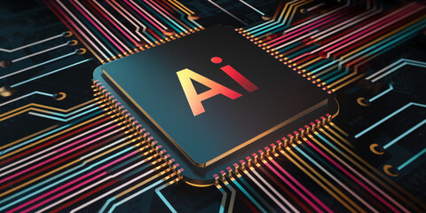 Poster - Close-up of AI processor on circuit board, showcasing colorful wires and technological detail, symbolizing artificial intelligence, innovation, and technological advancement