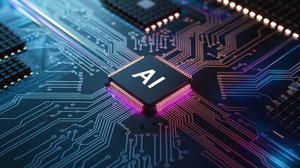 Poster - AI microchip on circuit board, glowing pink and blue, symbolizes artificial intelligence, technology, innovation, and future