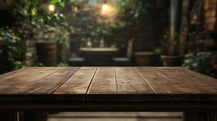 Poster - A blank wooden tabletop with a blurry restaurant behind it. Good for showing off products or adding text.
