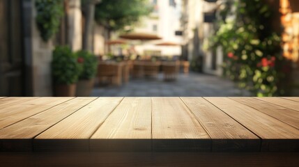 Poster - A blank wooden tabletop with a blurry restaurant behind it. Good for showing off products or adding text.
