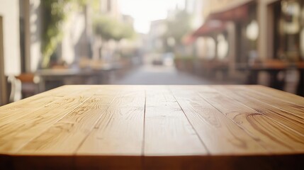 Poster - A blank wooden tabletop with a blurry restaurant behind it. Good for showing off products or adding text.
