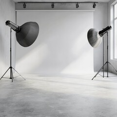 Poster - A simple gray room with a rough concrete floor. Good for showing off products. White studio with a gray background.
