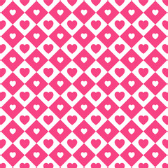 Wall Mural - Seamless pattern with hearts in squares in pink and white.Cute geometric repeat pattern.Vector graphic illustration texture background for Valentine's Day.