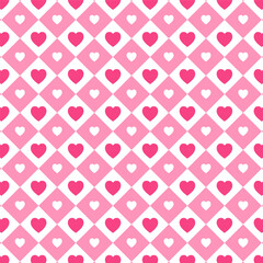 Wall Mural - Seamless pattern with white and pink heart in square.Cute geometric repeat pattern.Vector graphic illustration background.