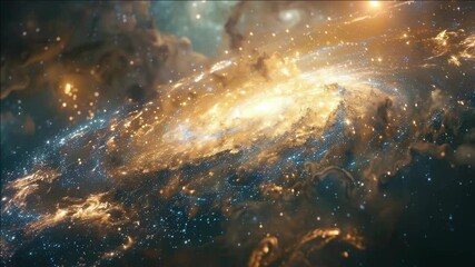 Wall Mural - A galaxy with a bright yellow center and a blue and orange swirl. The stars are scattered throughout the galaxy, creating a sense of depth and movement. Scene is one of wonder and awe