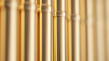 Poster - Close-up shot showcasing a row of metallic cylindrical shapes with a subtle depth of field, creating a captivating visual effect. Gold and silver tones.