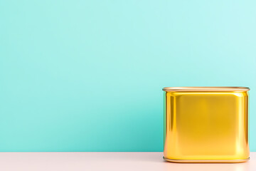 Poster - Minimalist shiny golden container against a pastel background. Simple studio shot of a rectangular receptacle with a highly reflective finish on a pink surface.