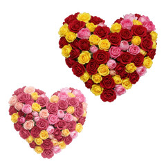 Poster - Two Heart Shaped Rose Arrangements Red Yellow Pink Roses Isolated on Transparent Background