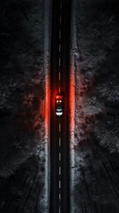 Wall Mural - A car is driving down a road with a red light on it. The road is empty and the car is the only object in the scene. The red light on the car creates a sense of danger and urgency