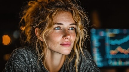 Aufkleber - Young woman looks at the stock market charts on her computer screen with a thoughtful expression at night.
