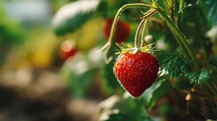 Fototapete - Vibrant close up of ripe strawberry growing on the vine highlighting freshness and the natural beauty of the garden harvest