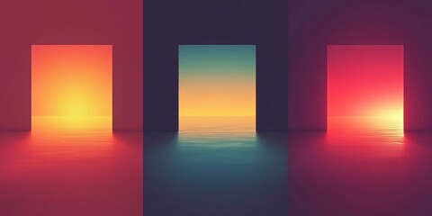 Poster - Colorful doorways revealing tranquil horizons in a minimalist setting at sunset
