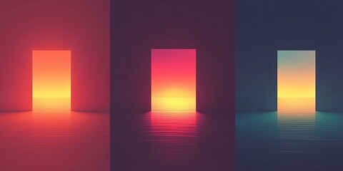 Poster - Vivid sunset reflections through doorways in a surreal, colorful landscape created with smooth gradients and soft lighting