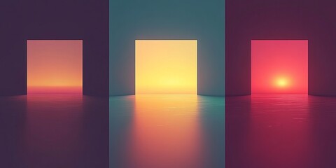 Poster - Exploring vibrant light gradients through three doorways showcasing twilight colors and reflective surfaces