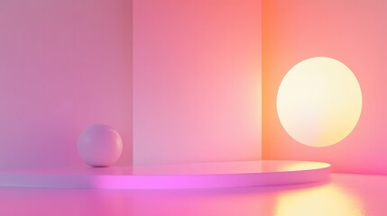 Poster - Soft pastel tones illuminate a minimalist space with a spherical object and a glowing circle during twilight hours