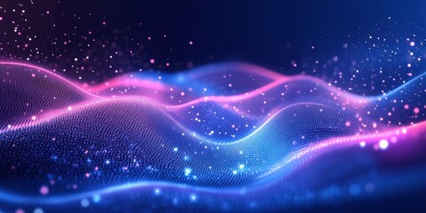 Poster - Colorful abstract waves with shimmering particles in a vibrant digital landscape at night