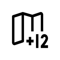 Poster - A bold line drawing of a folded document icon next to a plus symbol and the number twelve icon