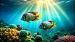 © sunton - Radiant sunlight penetrates the ocean depths illuminating two vibrantly colored fish swimming above a lively coral reef