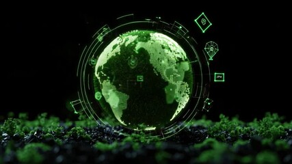 Poster - Green Digital Earth Globe with Data Points and Technology Elements on Dark Background 4k video footage