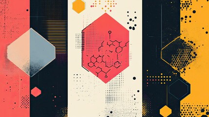 Poster - Abstract geometric shapes with molecular structures and halftone patterns background art