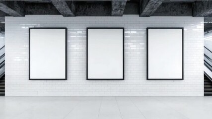 Poster - Modern Minimalist Space with Empty Frames on White Wall in Industrial Interior Design Setting 4k video footage