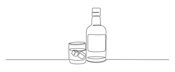 Poster - Glass and bottle of whiskey in one continuous line drawing. Whisky and liquor with ice cubes for alcohol drink menu in simple linear style. Editable stroke. Oneline vector illustration