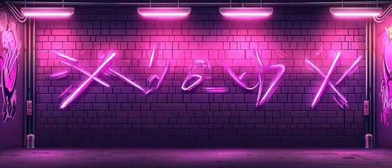 Poster - Mysterious brick wall illuminated with vibrant neon pink artwork in a dark setting