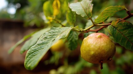 Fototapete - Ripe guava fruit hanging on a branch among lush green leaves in a natural garden setting with blurry background