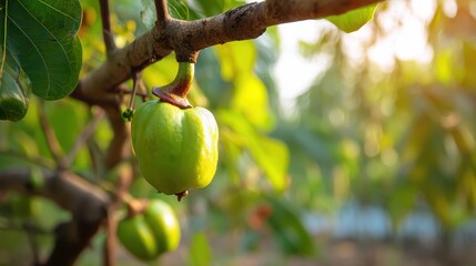 Fototapete - A captivating close up shot of a hanging green fruit on a tree branch with lush green leaves in a sunny tropical garden setting.