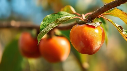 Fototapete - Close up view of ripe persimmon fruit on a branch with leaves in an orchard during a sunny day, capturing nature's beauty