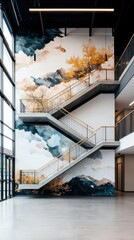 Poster - Artistic staircase mural modern building interior design urban environment wide angle view aesthetic inspiration