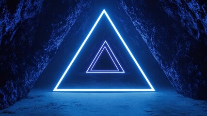 Poster - Glowing Neon Triangles Illuminating Dark Cave Space with Sparkling Stars in the Background for Futuristic Designs 4k video footage