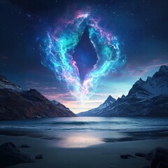 Poster - Cosmic portal emerges over serene lake futuristic landscape digital art night sky mystical elements