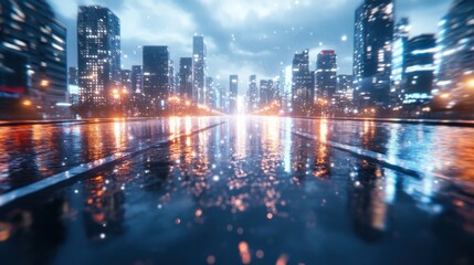 Poster - City nightscape exploration urban environment digital art rainy atmosphere low angle view futuristic concept