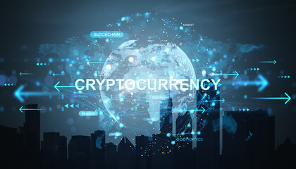 Fototapete - Digital cryptocurrency concept with glowing data globe and fintech keywords on dark city background showing futuristic financial technology network.