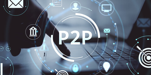 Fototapete - Person using laptop with digital P2P interface graphics and icons representing peer-to-peer financial technology on abstract background light.