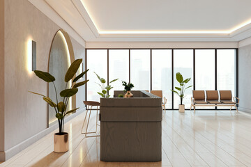 Poster - Modern office reception interior with wooden desk, indoor plants, and natural light from large windows in city background. 3D Rendering. 3D Rendering