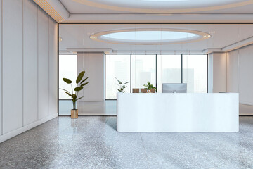 Aufkleber - Modern white office reception desk in bright corporate lobby interior with terrazzo floor, glass walls, plants, and ceiling lights. 3D Rendering