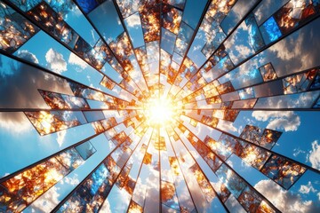 Poster - Radiant sunburst through glass panels outdoor art installation vibrant sky abstract design illuminated perspective
