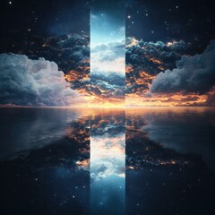 Poster - Celestial reflection in tranquil waters scenic landscape digital art surreal environment wide-angle view