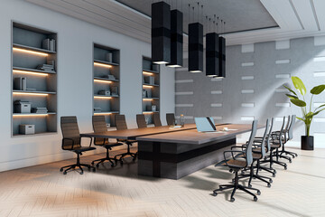 Poster - Modern conference room with sleek wooden table, ergonomic chairs, ambient lighting, and minimalist design on bright background. 3D Rendering