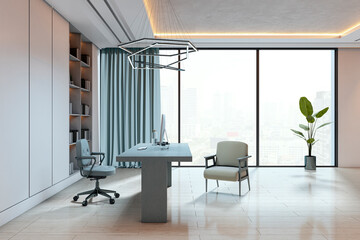 Aufkleber - Modern minimalist executive office interior with large windows, natural light, and stylish furnishings in corporate workspace. 3D Rendering