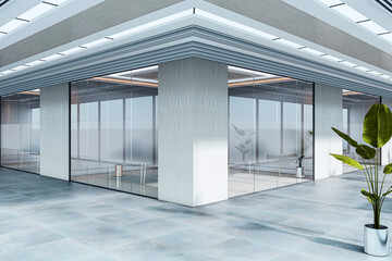Aufkleber - Modern office interior with glass walls, minimalist furniture, and natural lighting in a spacious corner layout with tiled floors and concrete columns. 3D Rendering