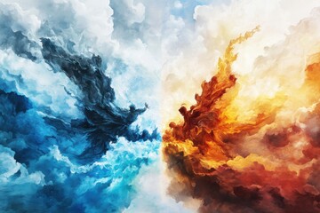 Poster - Battle of elements fire and ice clouds surreal artwork digital art fantasy aerial view dynamic contrast